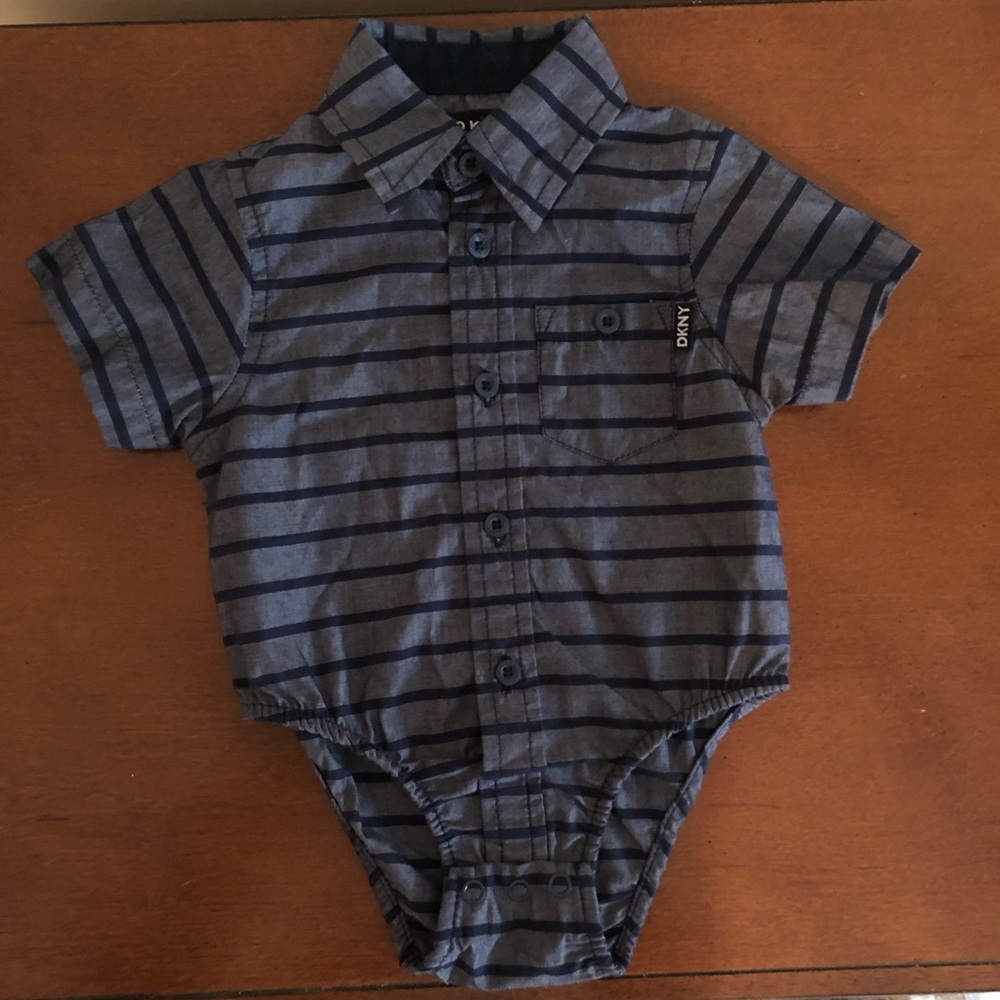 DKNY Newborn button up striped onesie